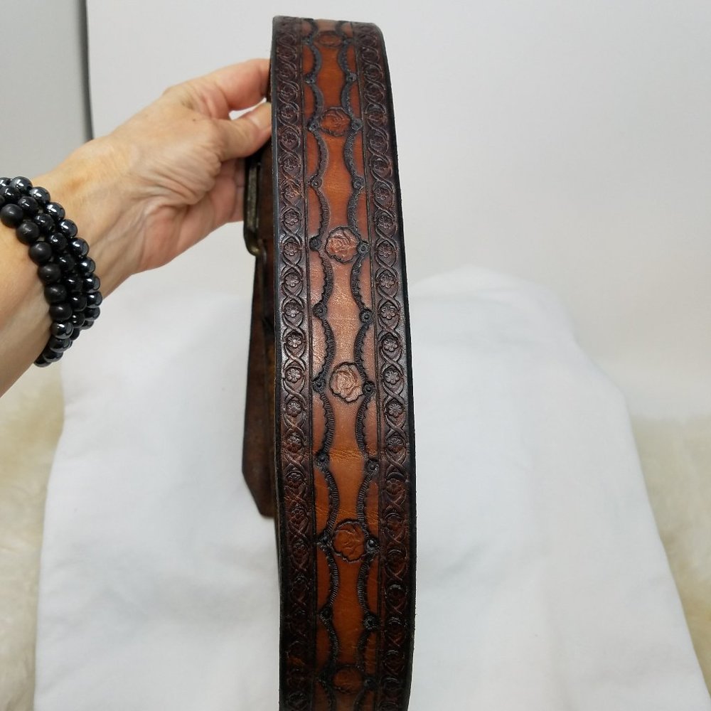 VTG 70's leather belt handmade embossed - Picture 3 of 4